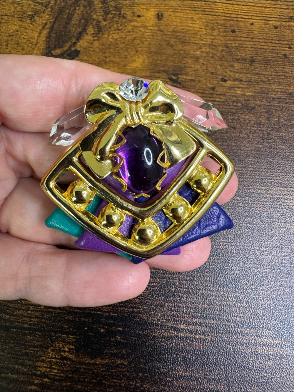 Gold-Tone Multicolour Statement Brooch with Purple Center